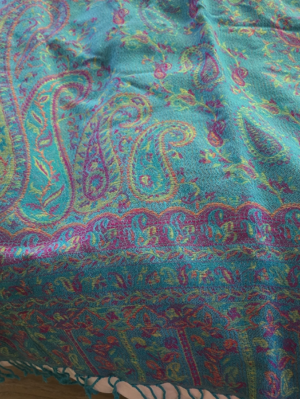 Turquoise Paisley Woven Shawl with Pink & Gold Accents